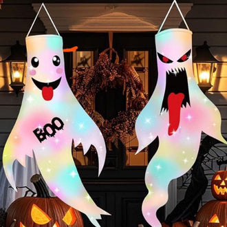 Set of 2 Light Up Halloween Ghost Windsock Decoration
