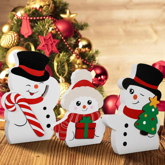 Set of 3 Adorable Christmas Wooden Snowman Decorations