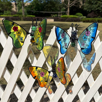 Set of 3 Stained Glass Metal Butterfly Pot Hugger Garden Decor