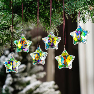 Set of 6 Iridescent Crystal Star Hanging Ornaments
