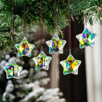 Set of 6 Iridescent Crystal Star Hanging Ornaments