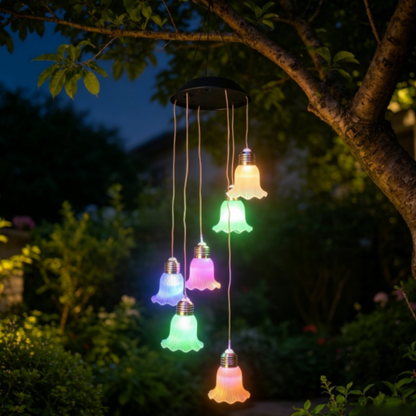 Solar Powered Bell Flower Wind Chime Lights - Outdoor Patio Garden Yard Tree Decor
