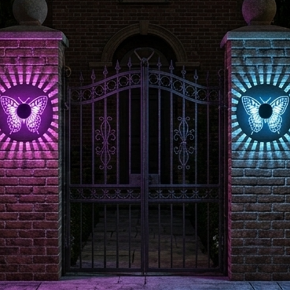 Solar Powered Color Changing Butterfly Pattern Wall Light - Waterproof Outdoor Garden Fence Patio Lighting