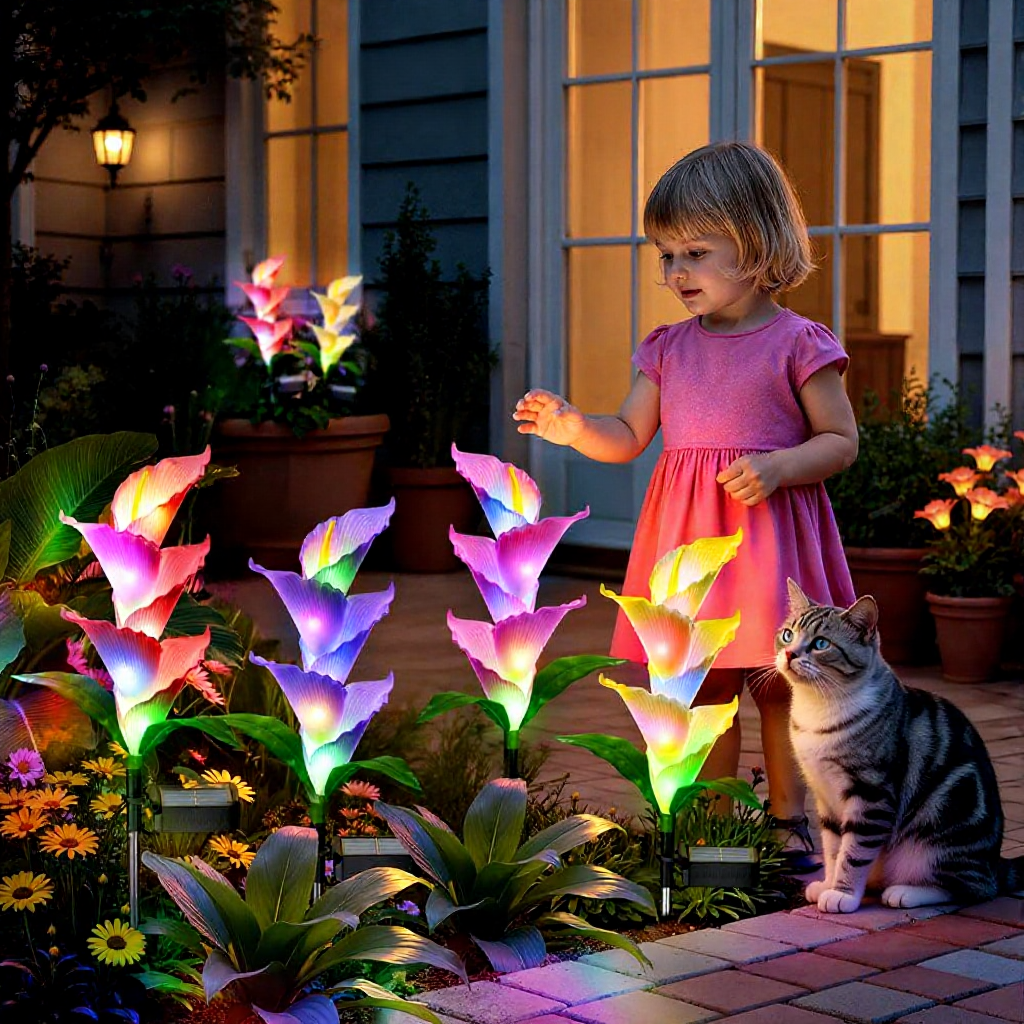 Solar Powered Color Changing LED Calla Lily Stake Lights  -  Weatherproof Flower Bed & Yard Accent Lighting