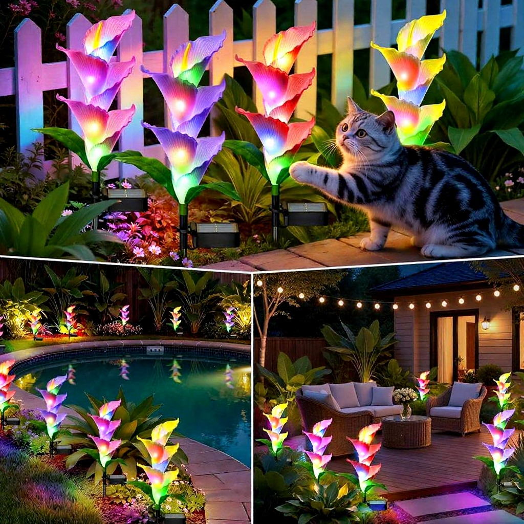 Solar Powered Color Changing LED Calla Lily Stake Lights  -  Weatherproof Flower Bed & Yard Accent Lighting