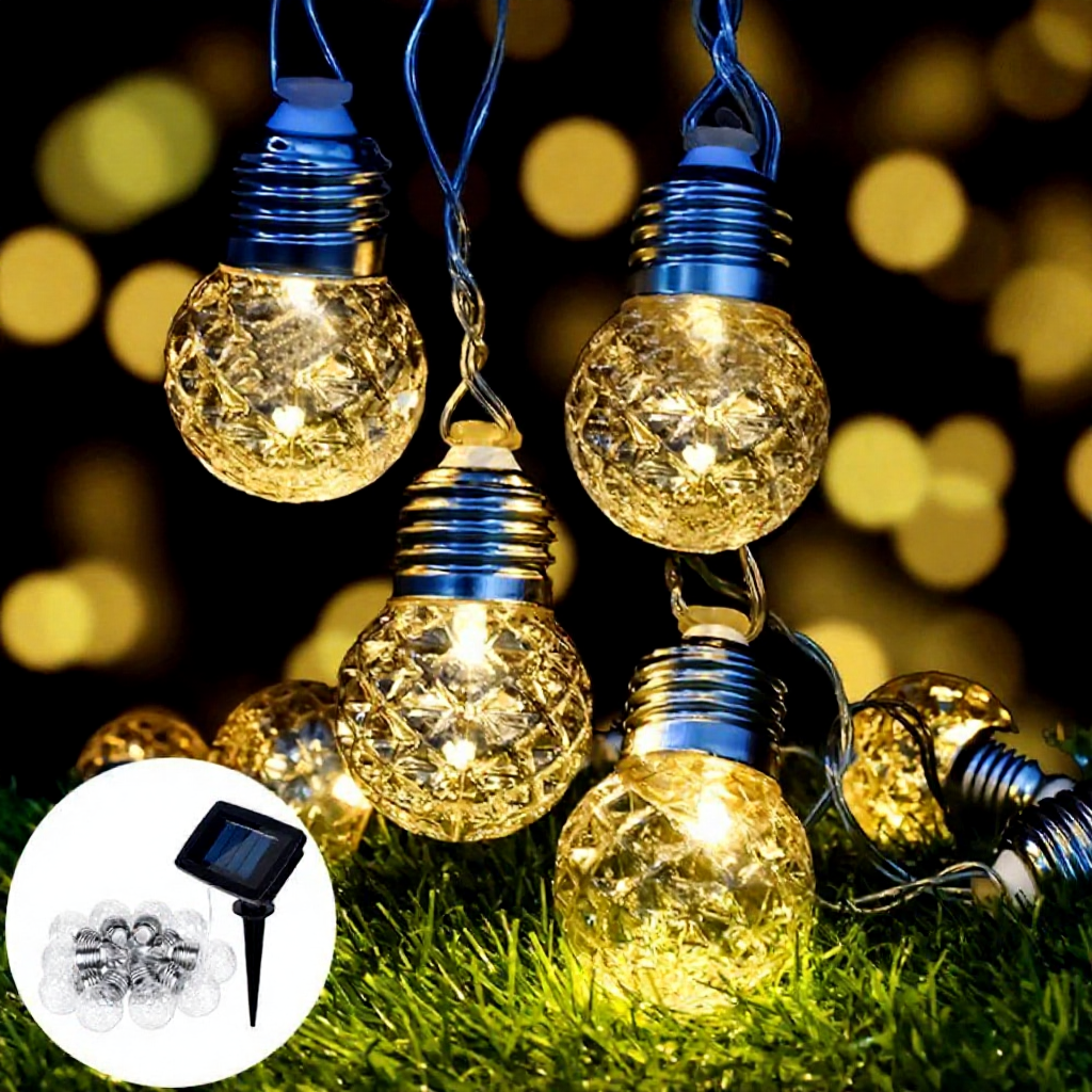 Solar Powered Crystal Globe Warm White LED String Lights - 12.5 ft, 10 LED, Outdoor Home Holiday Garden Party Decor Lighting
