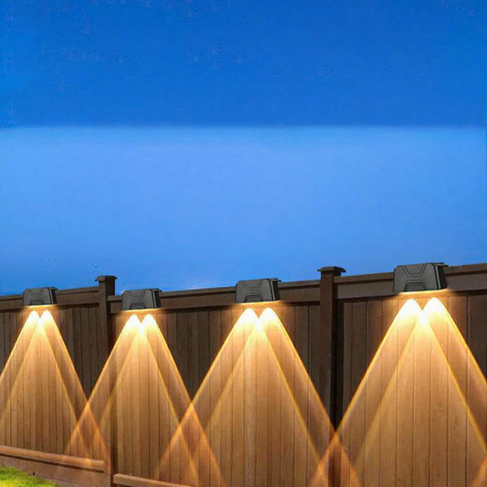 Solar Powered Dual Lens Warm White LED Fence Light - Weatherproof Outdoor Patio Garden Exterior Lighting