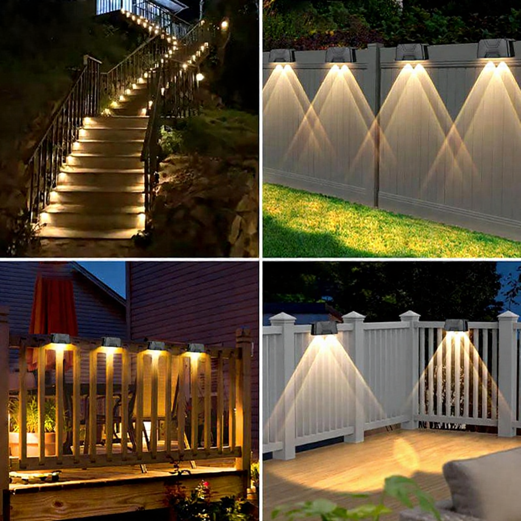 Solar Powered Dual Lens Warm White LED Fence Light - Weatherproof Outdoor Patio Garden Exterior Lighting