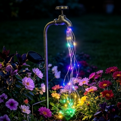 Solar Powered Faucet Waterfall LED Stake Light -  Waterproof Outdoor Garden Yard Patio Lawn Decor