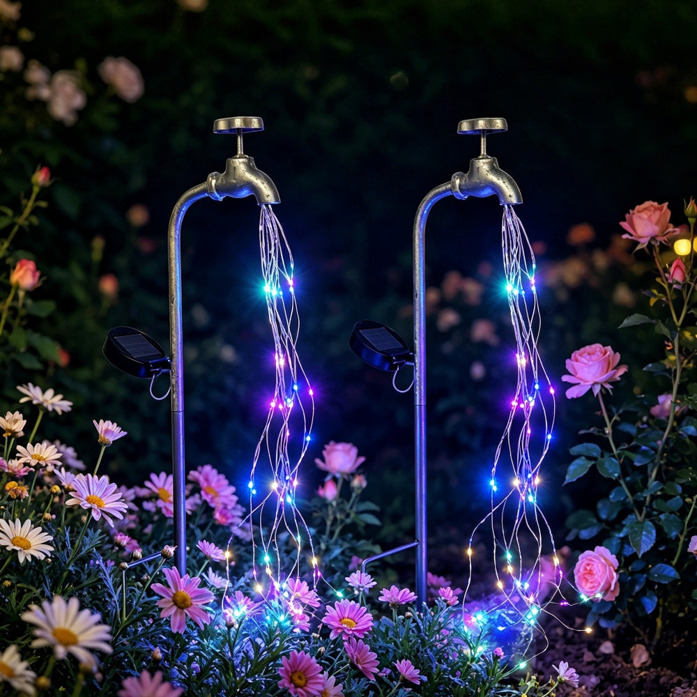 Solar Powered Faucet Waterfall LED Stake Light -  Waterproof Outdoor Garden Yard Patio Lawn Decor