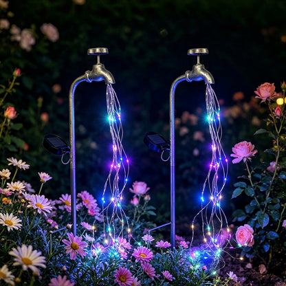 Solar Powered Faucet Waterfall LED Stake Light -  Waterproof Outdoor Garden Yard Patio Lawn Decor