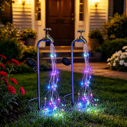 Solar Powered Faucet Waterfall LED Stake Light -  Waterproof Outdoor Garden Yard Patio Lawn Decor