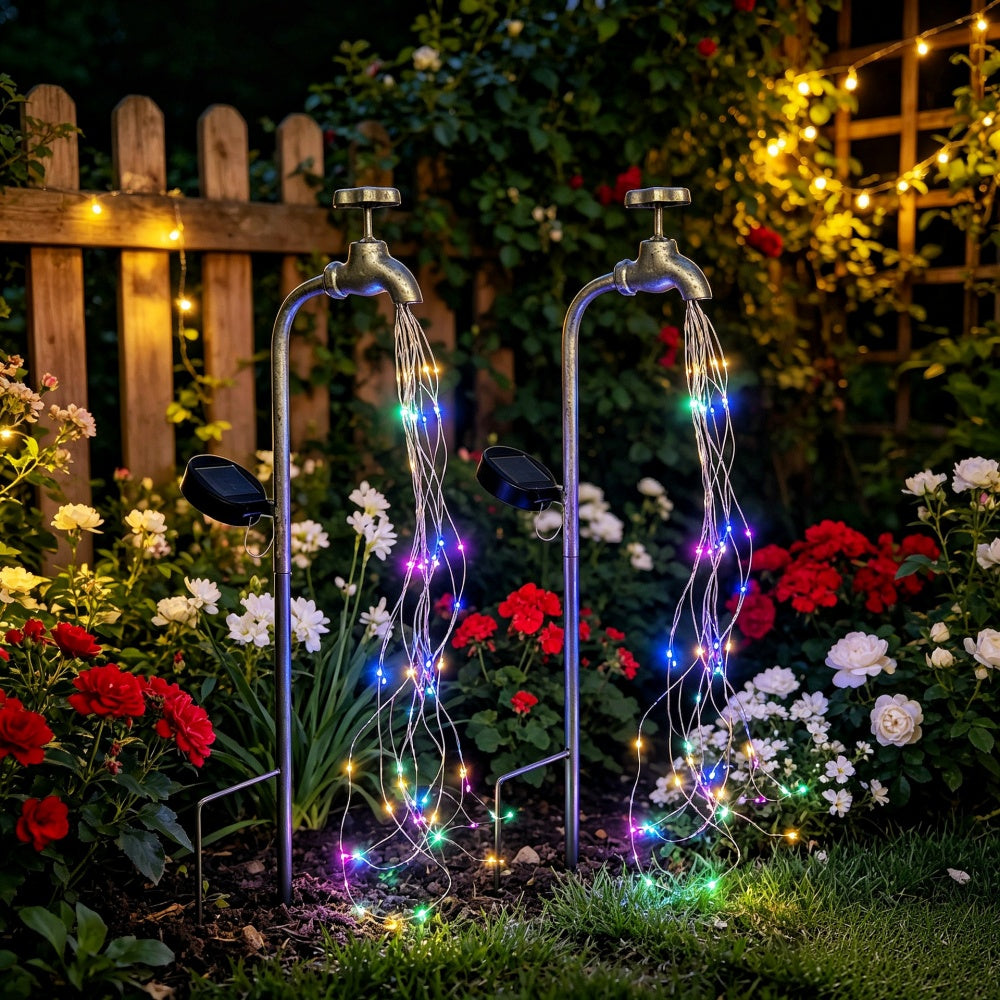 Solar Powered Faucet Waterfall LED Stake Light -  Waterproof Outdoor Garden Yard Patio Lawn Decor