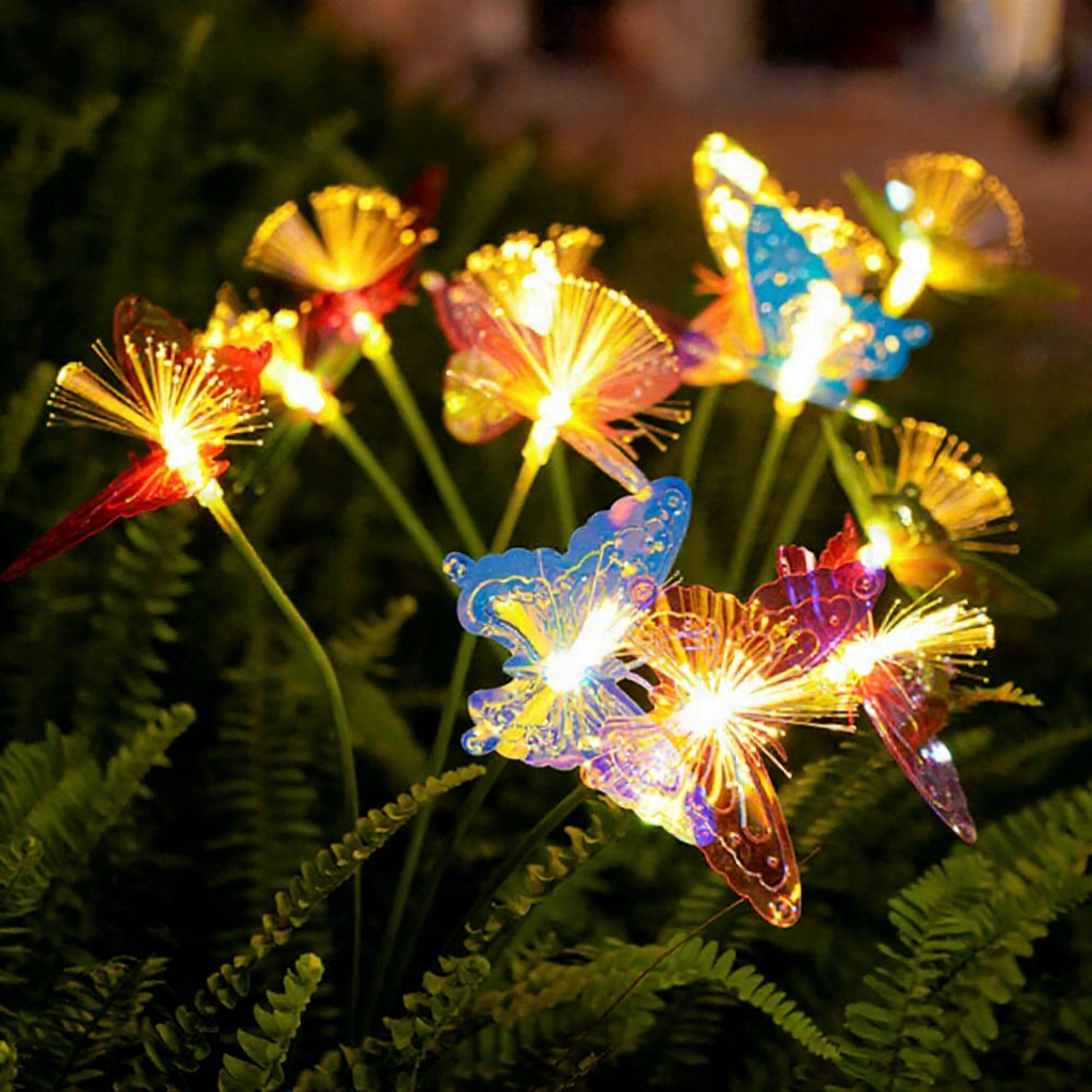Solar Powered Fiber Optic Warm White LED Butterfly Stake Lights - Waterproof Outdoor Lawn Patio Garden Lighting