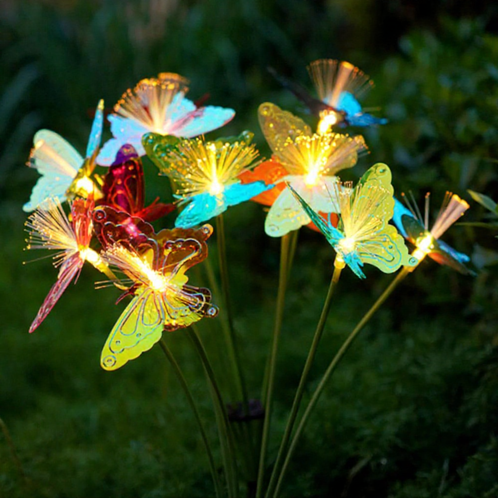 Solar Powered Fiber Optic Warm White LED Butterfly Stake Lights - Waterproof Outdoor Lawn Patio Garden Lighting