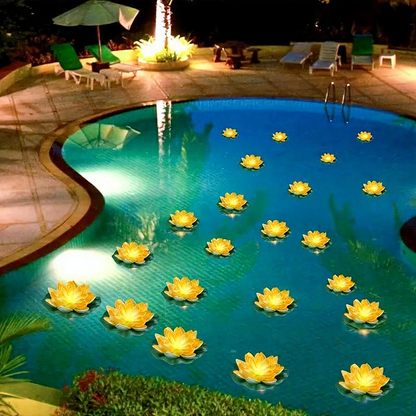 Solar Powered Floating Warm White LED Lotus Flower Lights - Waterproof Outdoor Pond Pool Garden Lighting