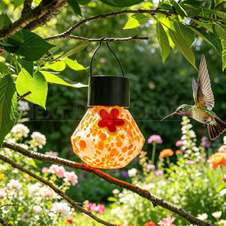 Solar Powered Handblown Glass Hummingbird Feeder