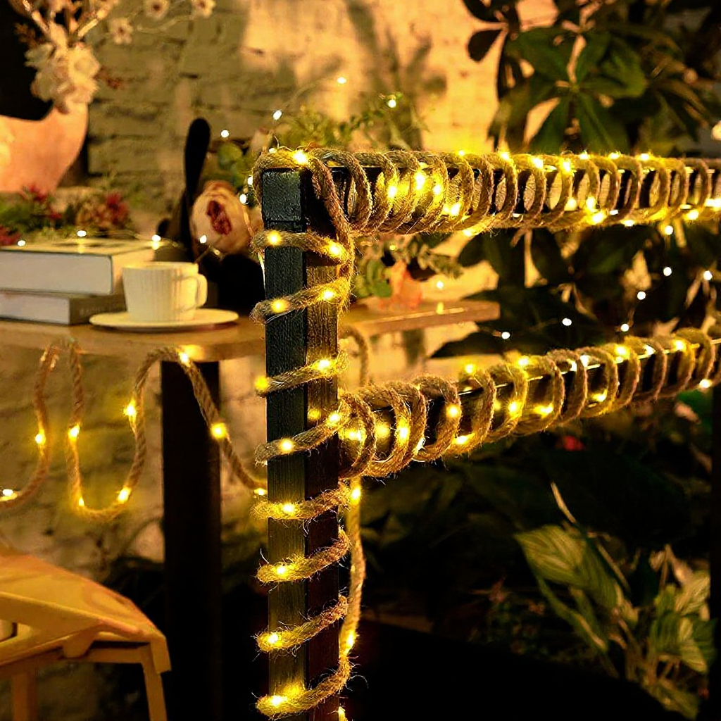 Solar Powered Hemp Rope LED String Lights - 14.7 ft, 50 LED, Home Holiday Garden Party Decor Lighting