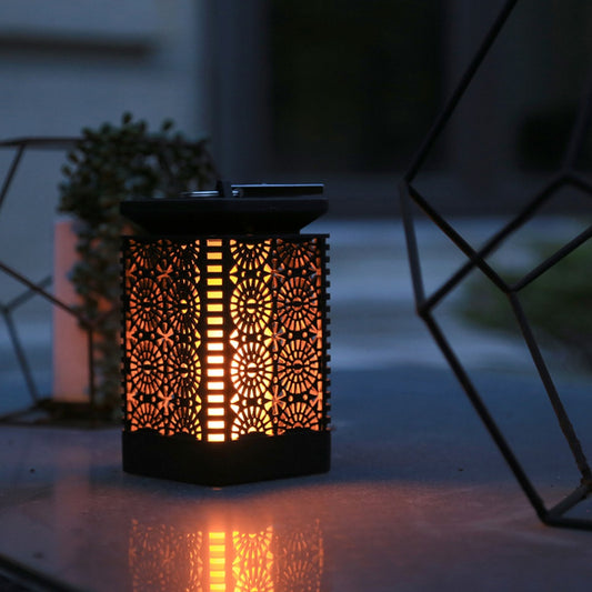 Solar Powered Hollow Cut Out Flickering Flame Lantern Light - Outdoor Decorative Hanging Table Lantern for Garden Patio Yard