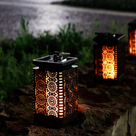 Solar Powered Hollow Cut Out Flickering Flame Lantern Light - Outdoor Decorative Hanging Table Lantern for Garden Patio Yard