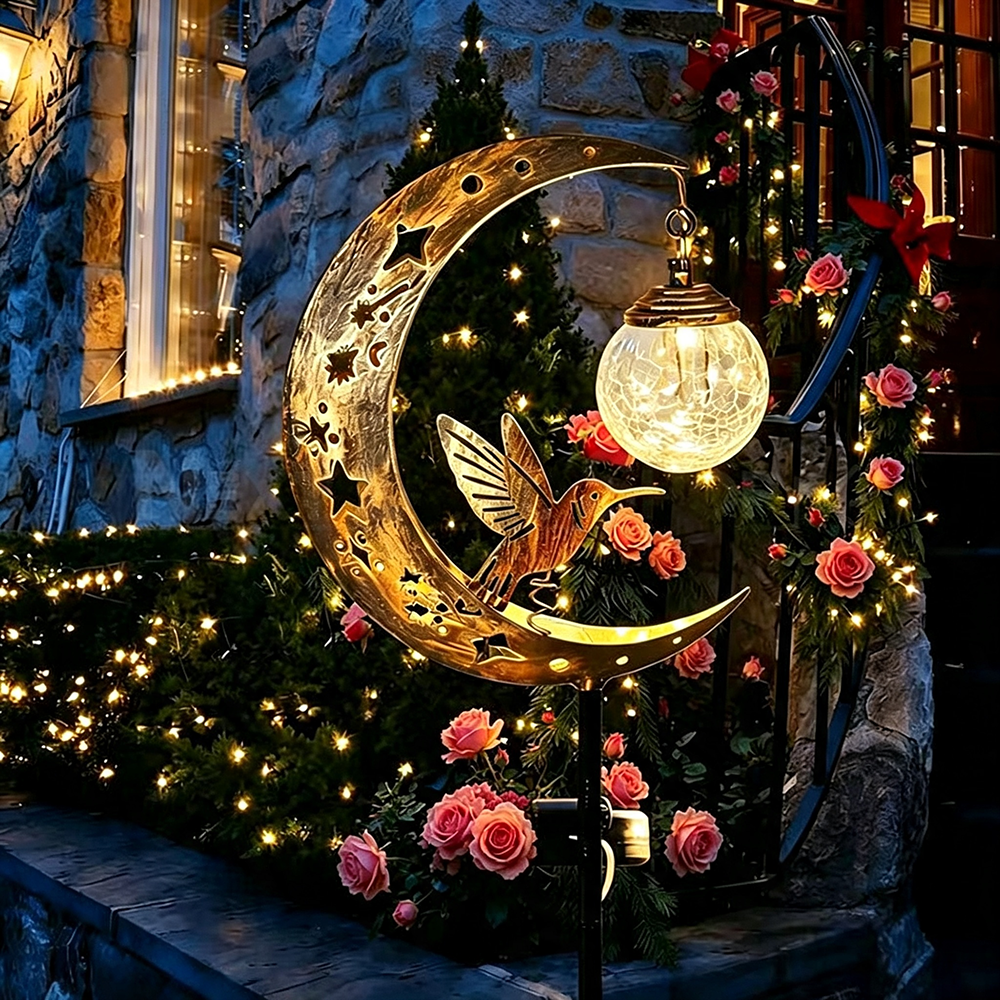 Solar Powered Hummingbird Moon Crackle Glass Ball Warm LED Stake Light - Waterproof Walkway Lighting-View 4-Next Deal Shop