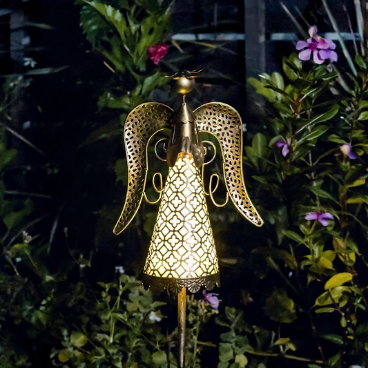Solar Powered Iron Angel Warm White LED Stake Light - Weatherproof Outdoor Lawn Pathway Garden Lighting