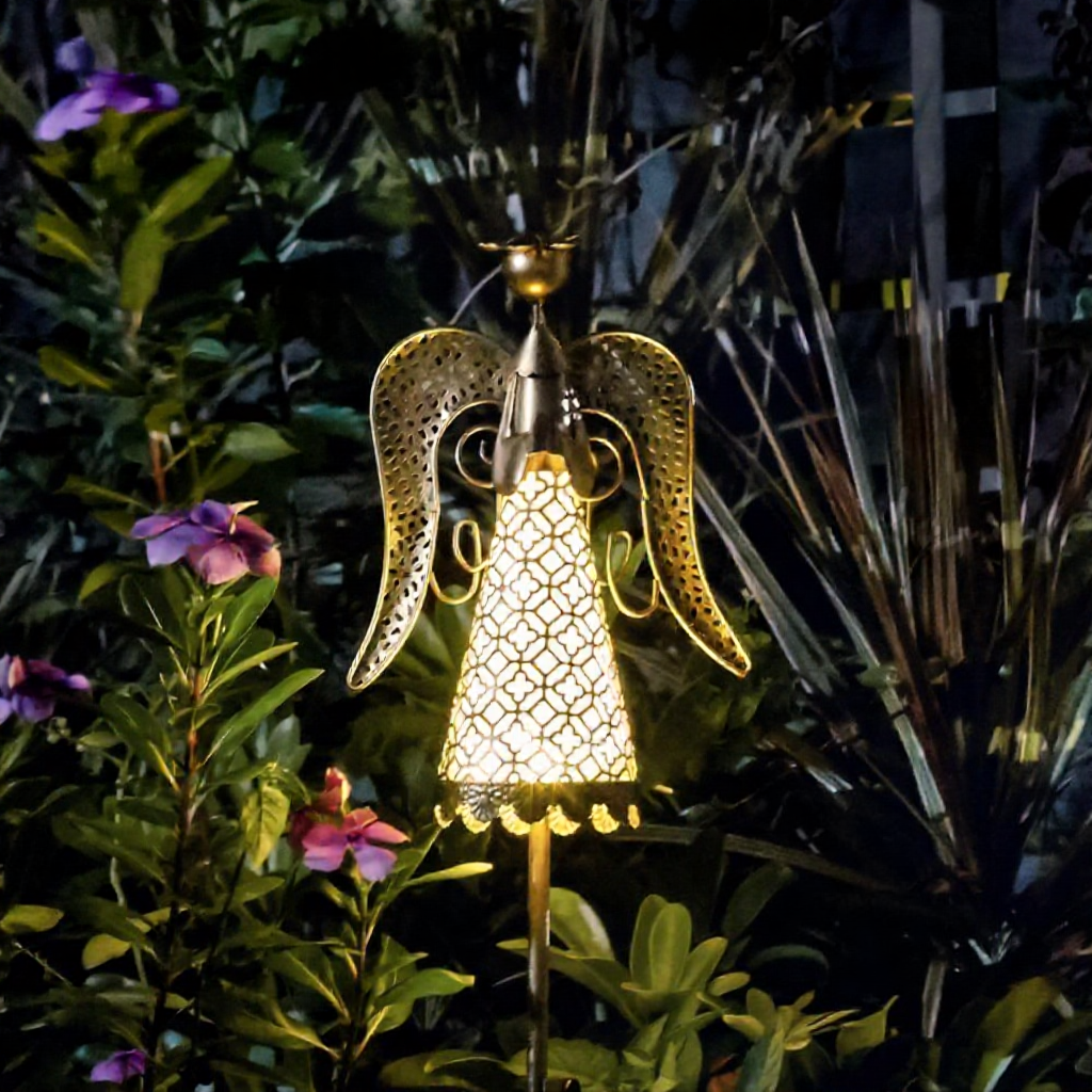 Solar Powered Iron Angel Warm White LED Stake Light - Weatherproof Outdoor Lawn Pathway Garden Lighting