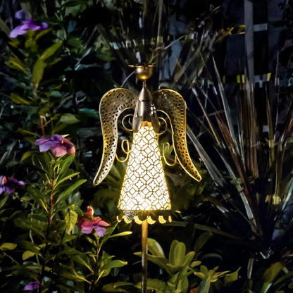 Solar Powered Iron Angel Warm White LED Stake Light - Weatherproof Outdoor Lawn Pathway Garden Lighting