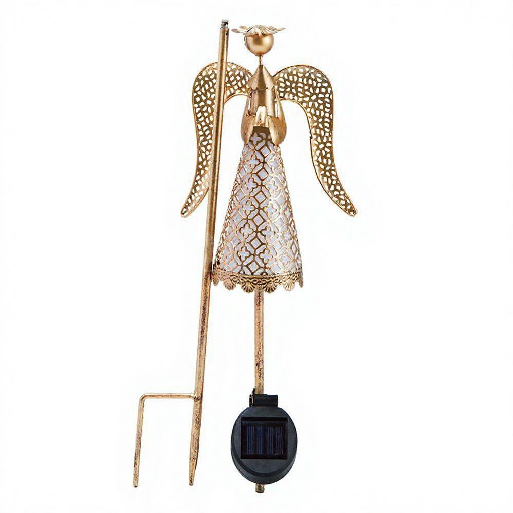 Solar Powered Iron Angel Warm White LED Stake Light - Weatherproof Outdoor Lawn Pathway Garden Lighting