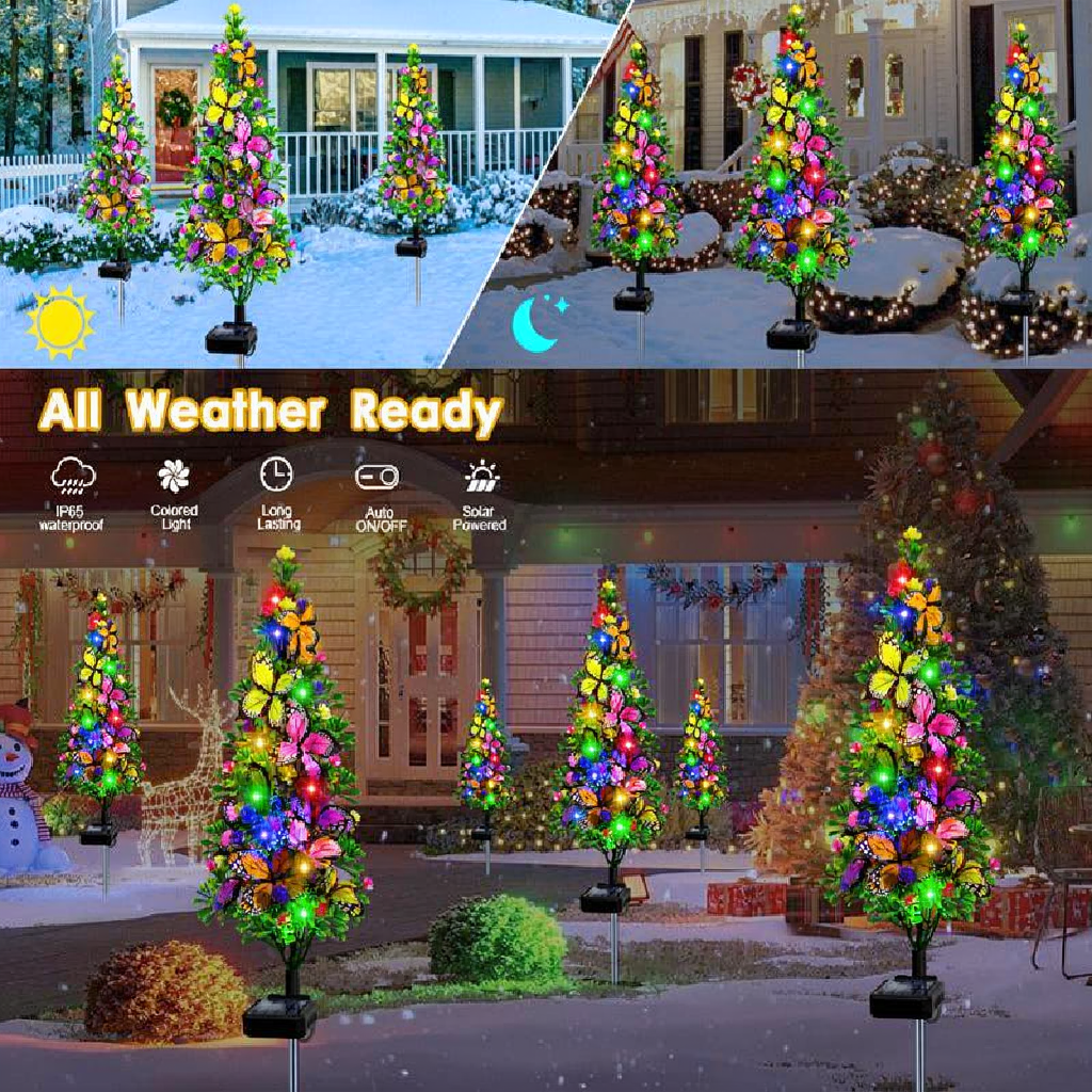 Solar Powered LED Butterfly Tree Stake Light - Weatherproof Yard Garden Flower Bed Lawn Outdoor Holiday Decor Lighting