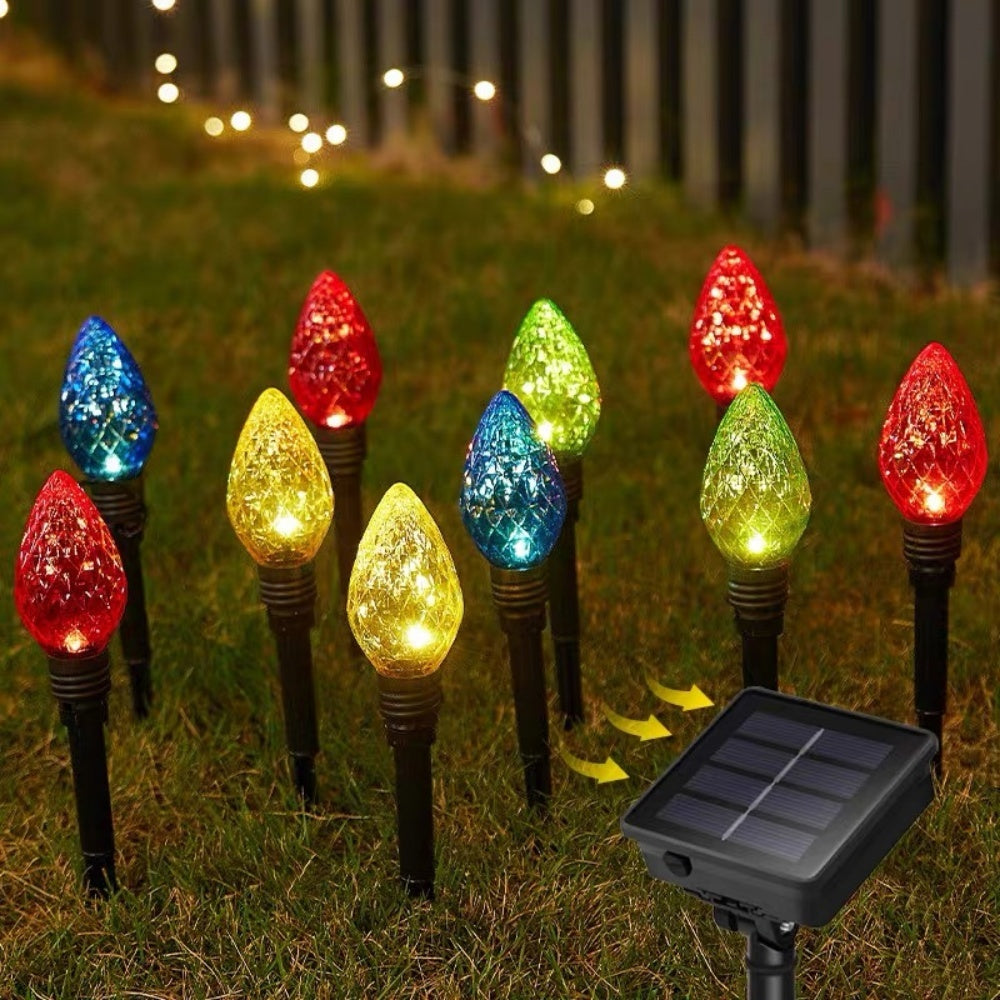 Solar Powered LED Christmas Bulb Stake Lights  -  Weatherproof Lawn & Flower Bed Lighting