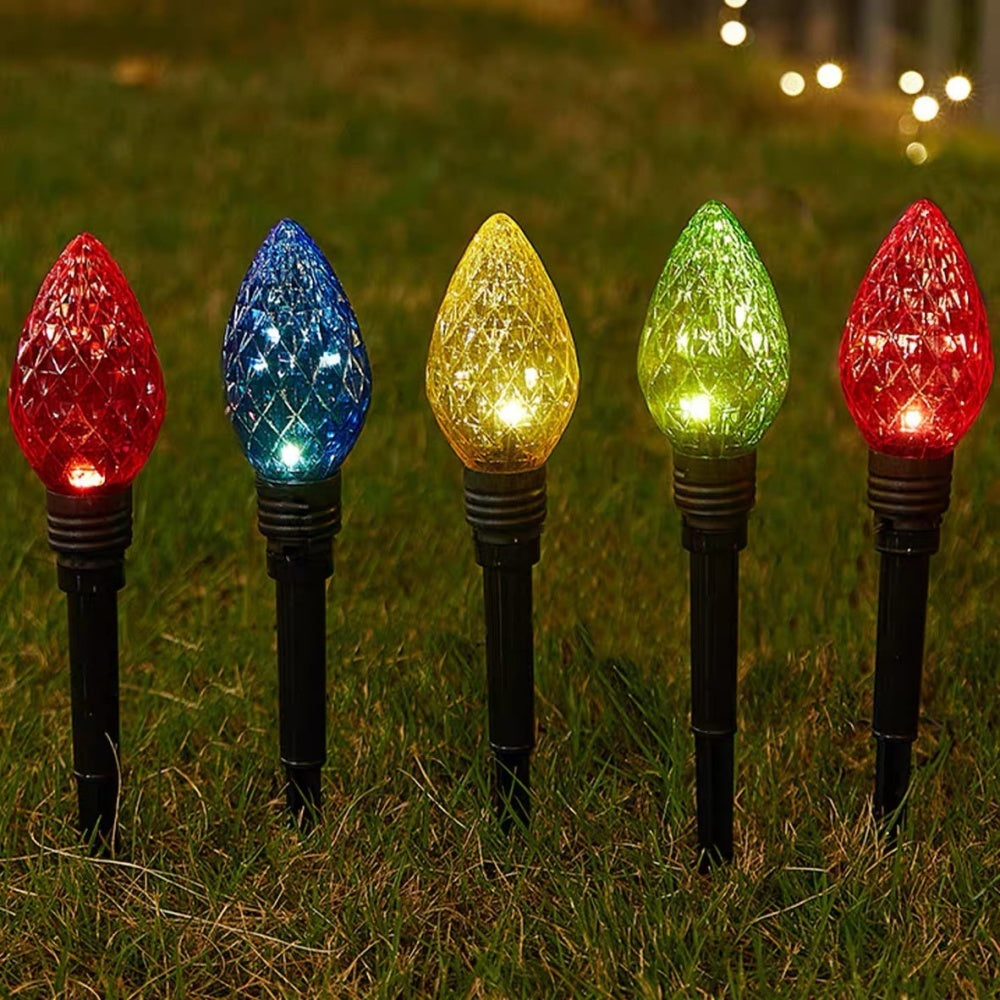 Solar Powered LED Christmas Bulb Stake Lights  -  Weatherproof Lawn & Flower Bed Lighting
