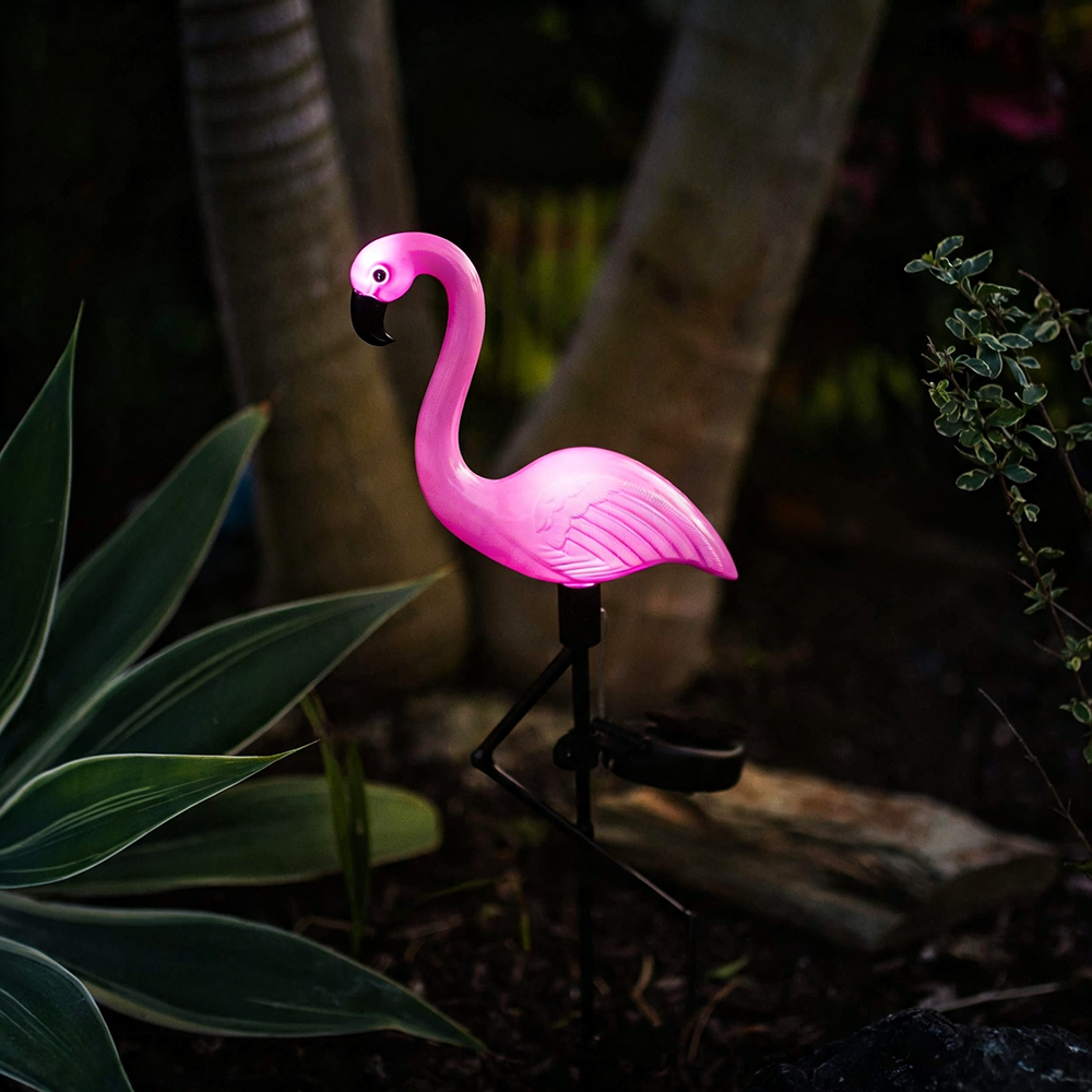Solar Powered LED Flamingo Garden Stake Light  -  Weatherproof Flower Bed & Yard Lighting