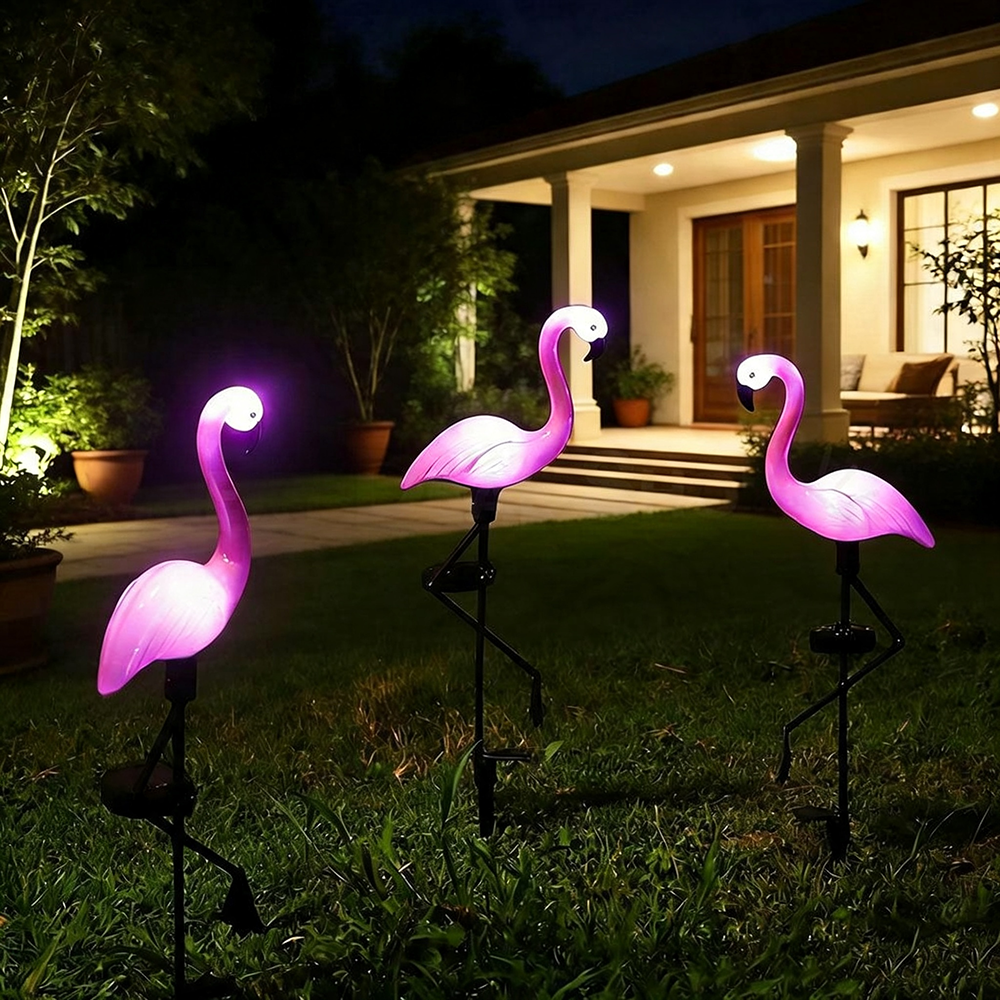 Solar Powered LED Flamingo Garden Stake Light  -  Weatherproof Flower Bed & Yard Lighting