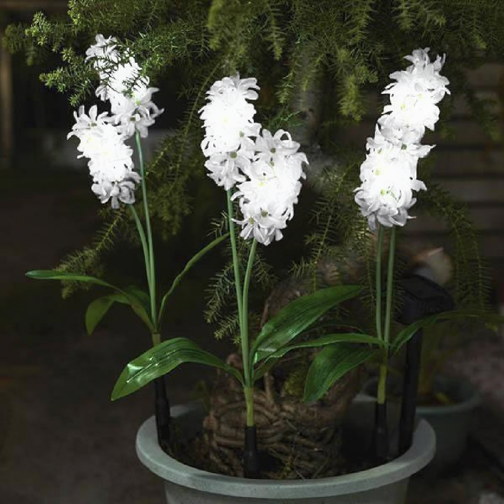 Solar Powered LED Hyacinth 3 Piece Stake Set - Weatherproof Yard Garden Flower Bed Outdoor Decor Lighting