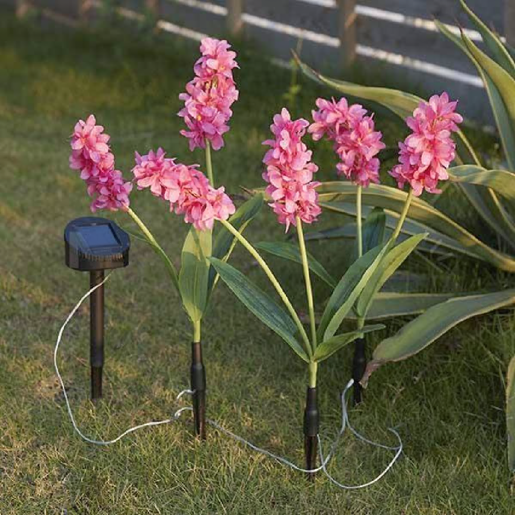 Solar Powered LED Hyacinth 3 Piece Stake Set - Weatherproof Yard Garden Flower Bed Outdoor Decor Lighting