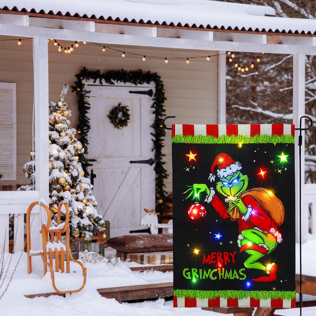 Solar Powered LED Merry Grinchmas Garden Flag - Home Yard Porch Lawn Outdoor Christmas Holiday Party Decor