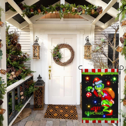 Solar Powered LED Merry Grinchmas Garden Flag - Home Yard Porch Lawn Outdoor Christmas Holiday Party Decor