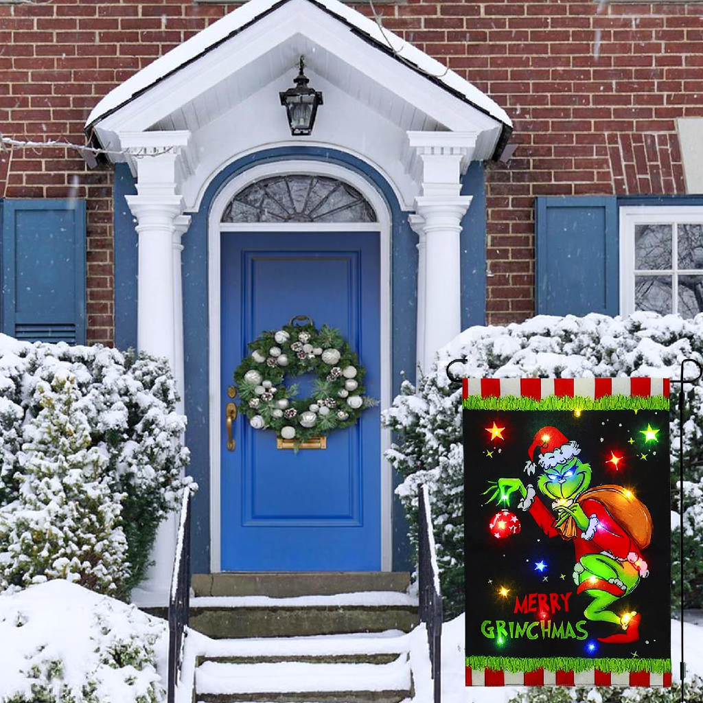 Solar Powered LED Merry Grinchmas Garden Flag - Home Yard Porch Lawn Outdoor Christmas Holiday Party Decor