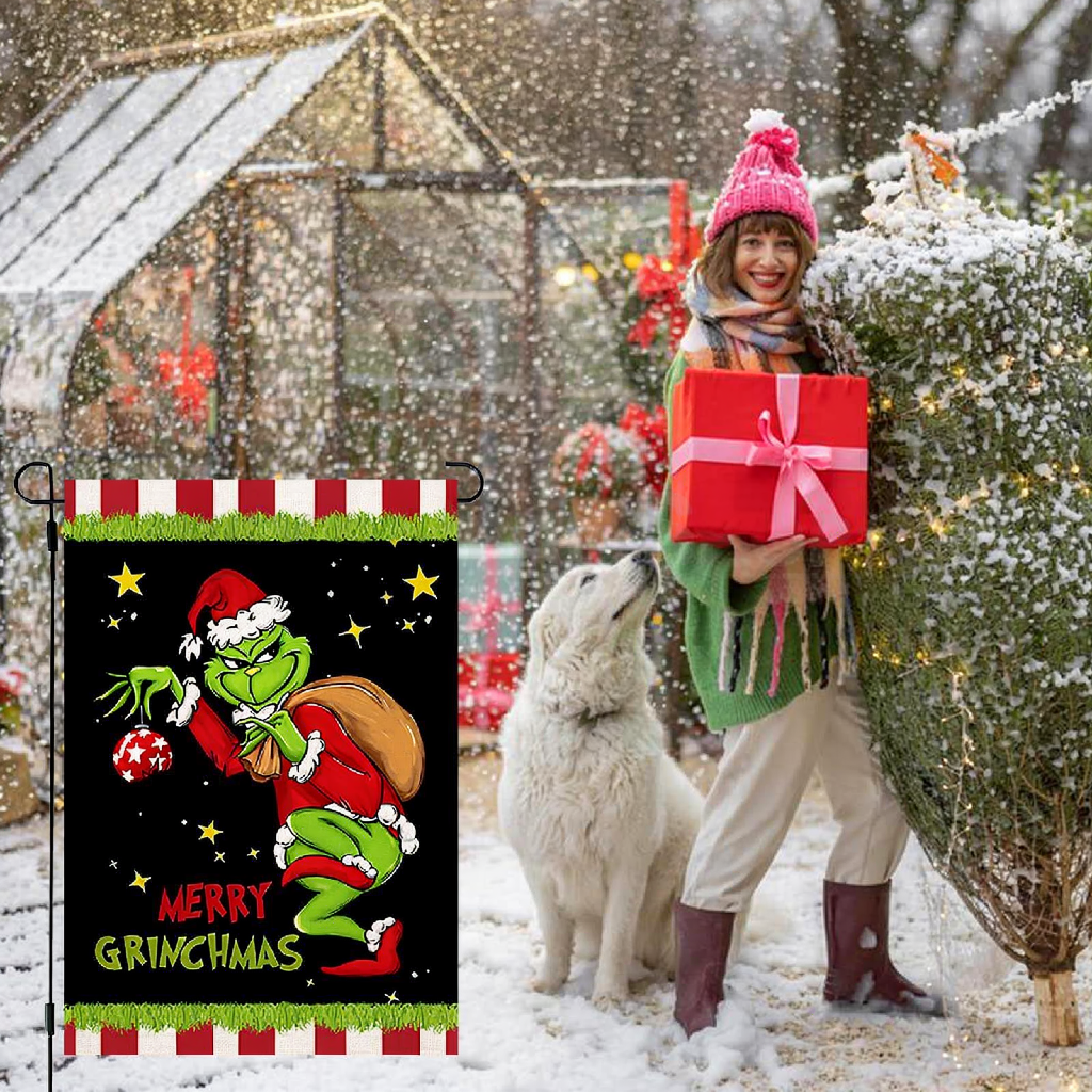 Solar Powered LED Merry Grinchmas Garden Flag - Home Yard Porch Lawn Outdoor Christmas Holiday Party Decor