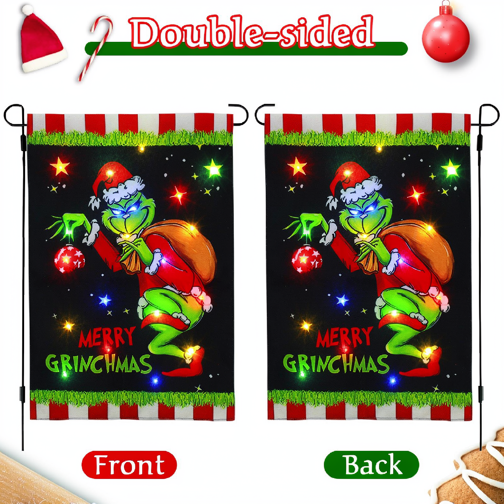Solar Powered LED Merry Grinchmas Garden Flag - Home Yard Porch Lawn Outdoor Christmas Holiday Party Decor