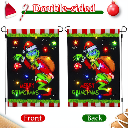 Solar Powered LED Merry Grinchmas Garden Flag - Home Yard Porch Lawn Outdoor Christmas Holiday Party Decor