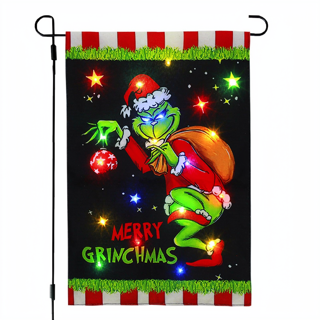 Solar Powered LED Merry Grinchmas Garden Flag - Home Yard Porch Lawn Outdoor Christmas Holiday Party Decor