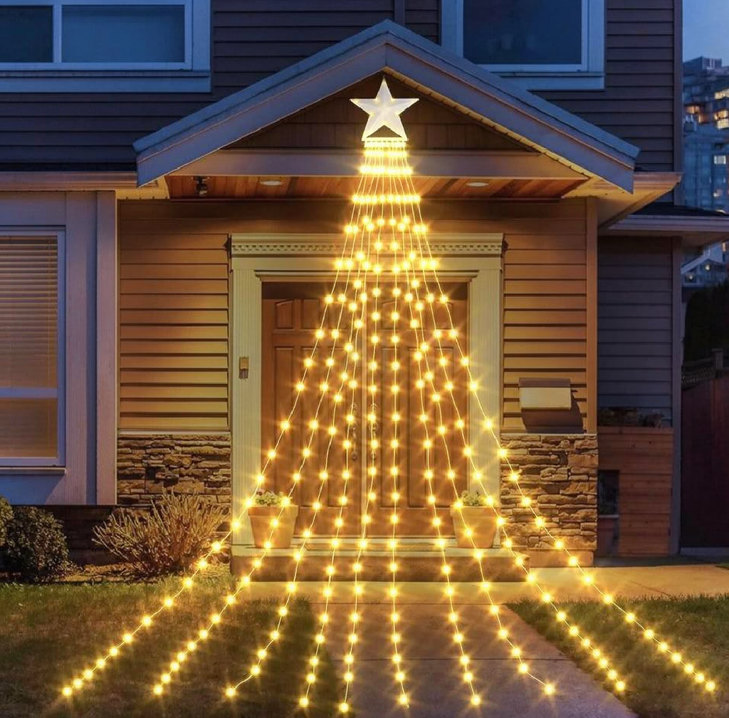 Solar Powered LED Star Waterfall Light - Weatherproof Yard Garden Patio Backyard Outdoor Holiday Party Decor Lighting