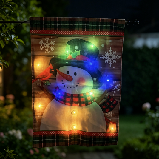 Solar Powered Light-Up LED Snowman Garden Flag - Christmas Holiday Yard & Lawn Decor
