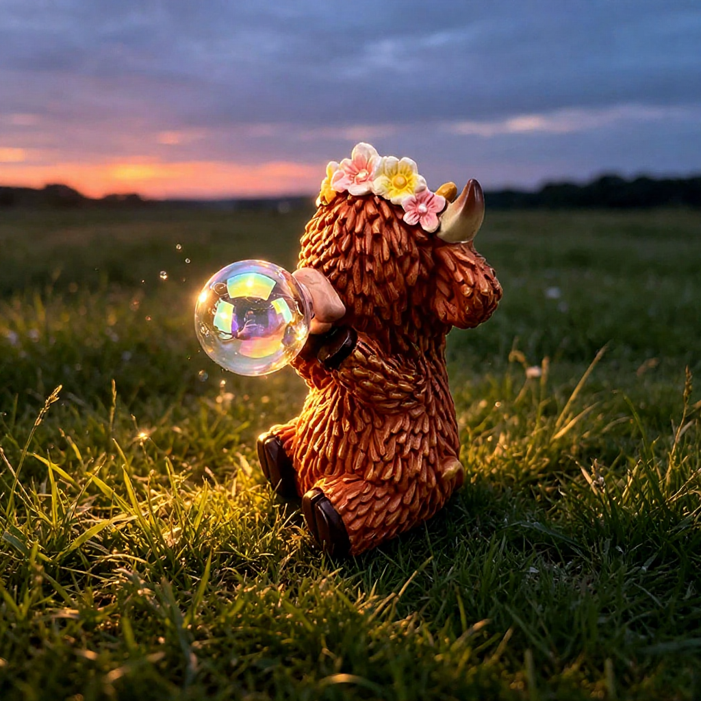 Solar Powered Light Up Resin Bubble Blowing Highland  -   Garden Statue Lawn & Patio Outdoor Decor