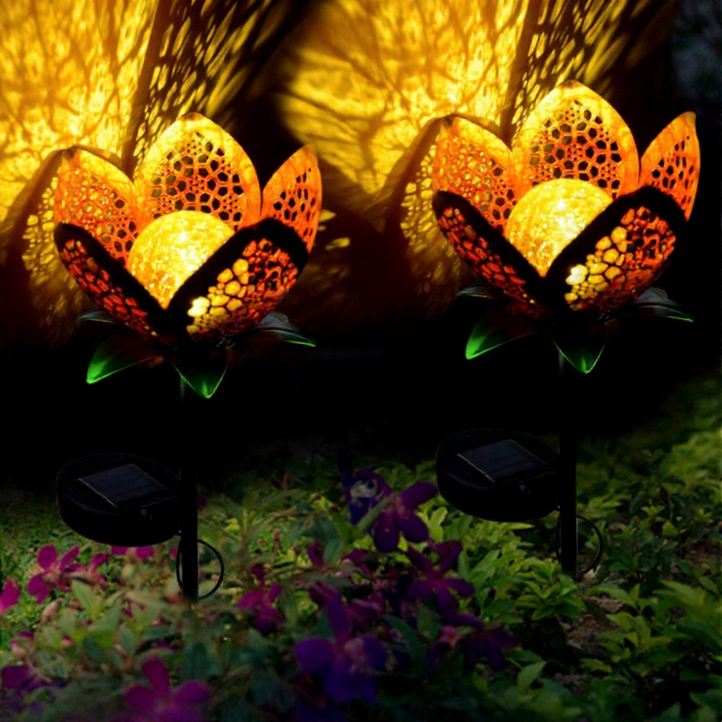 Solar Powered Metal Flower Warm White LED Stake Light - Weatherproof Outdoor Lawn Pathway Garden Lighting