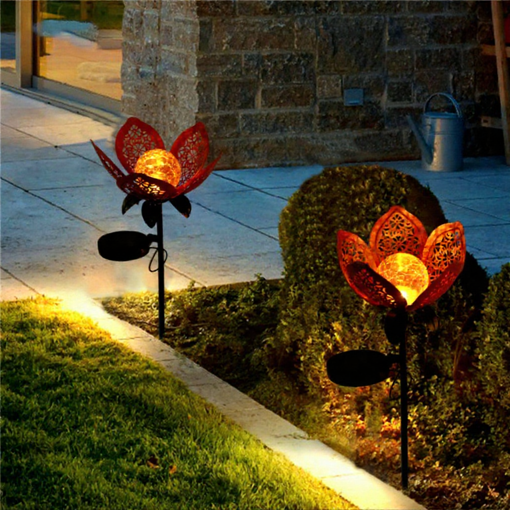 Solar Powered Metal Flower Warm White LED Stake Light - Weatherproof Outdoor Lawn Pathway Garden Lighting