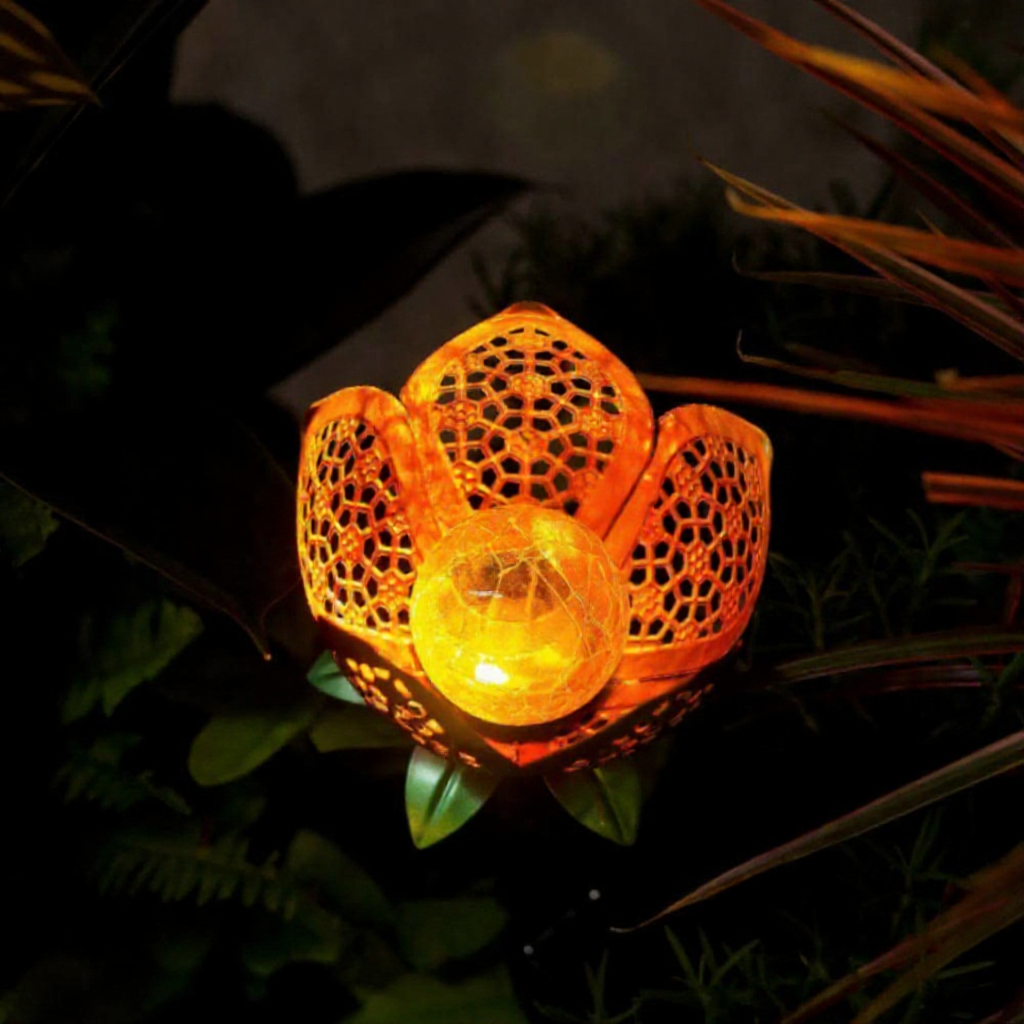 Solar Powered Metal Flower Warm White LED Stake Light - Weatherproof Outdoor Lawn Pathway Garden Lighting