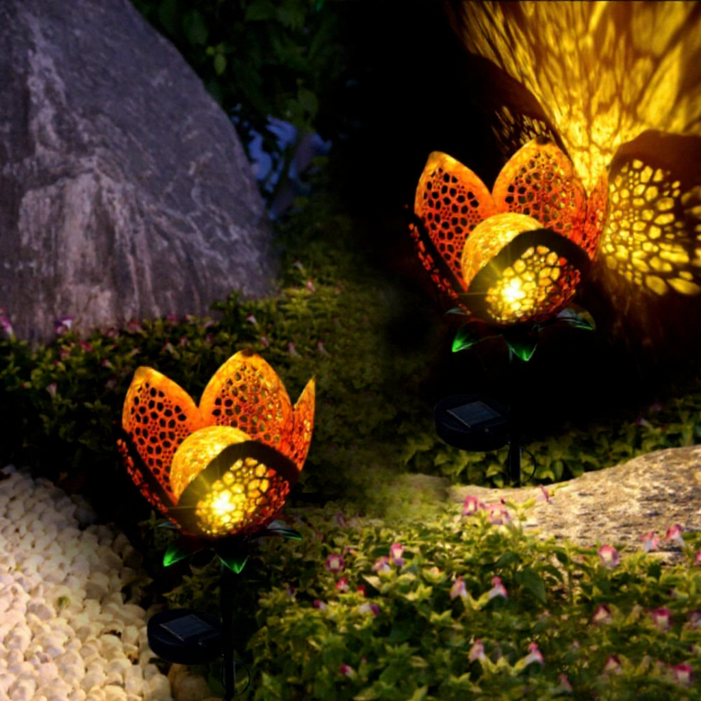 Solar Powered Metal Flower Warm White LED Stake Light - Weatherproof Outdoor Lawn Pathway Garden Lighting